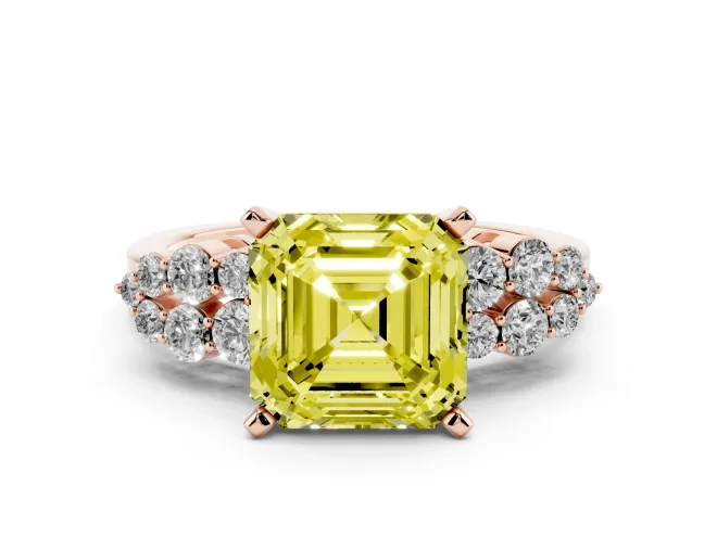 Asscher Cut Side Stone Engagement Ring Setting for a Fancy Yellow Lab-Grown Diamond | Shoulder Clusters | Rose Gold