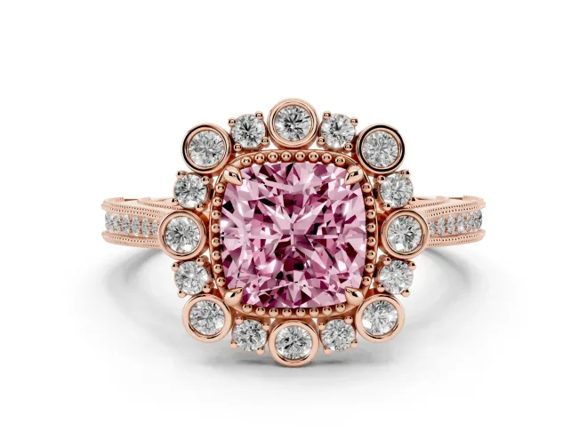 Cushion Cut Scalloped Halo Engagement Ring Setting for a Fancy Pink Lab-Grown Diamond | Milgrain Edges | Rose Gold