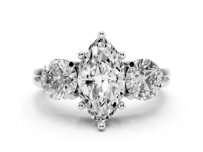Marquise Cut Diamond Three-Stone Ring Set in Platinum with Prong Setting and Classic Band