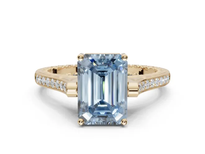 Emerald Cut Vintage Cathedral Engagement Ring Setting for a Fancy Blue Lab-Grown Diamond | Carved Band | Yellow Gold
