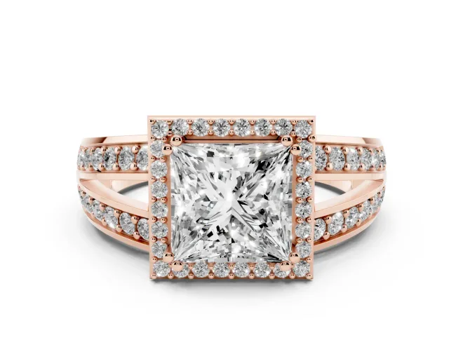 Princess Cut Diamond Halo Ring Set in Rose gold with Double Pavé Split Shank