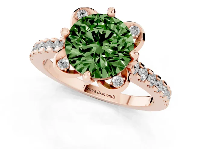 Fancy Green Round Cut Diamond Solitaire Ring Set in Rose gold with Pavé Band and Floral Prong Setting – second view
