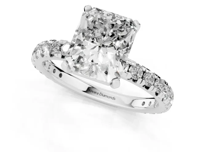 Radiant Cut Diamond Pavé Solitaire Ring Set in Platinum with Round Band and Prong Setting – second view