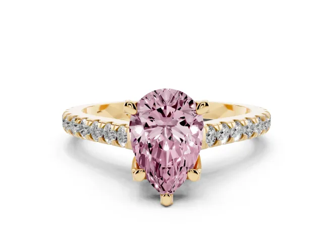 Pear-Shaped Hidden Halo Pavé Engagement Ring Setting for a Fancy Pink Lab-Grown Diamond | Claw Prongs | Yellow Gold