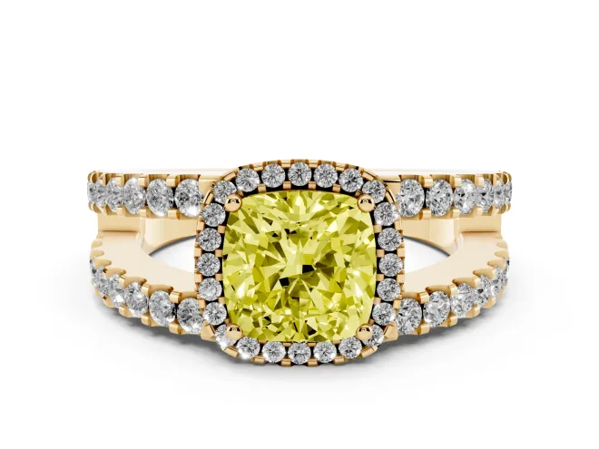 Cushion Cut Halo Split Shank Engagement Ring Setting for a Fancy Yellow Lab-Grown Diamond | Pavé Strands | Yellow Gold