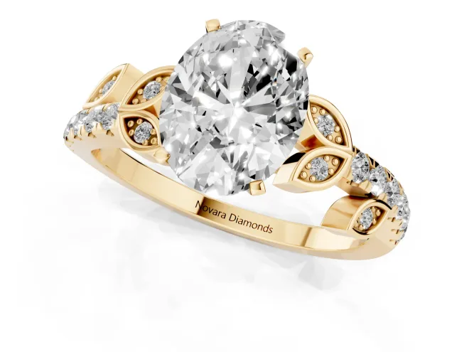 Oval Cut Diamond Solitaire Leaf-Inspired Ring Set in Yellow gold with Pavé Band and Prong Setting – second view