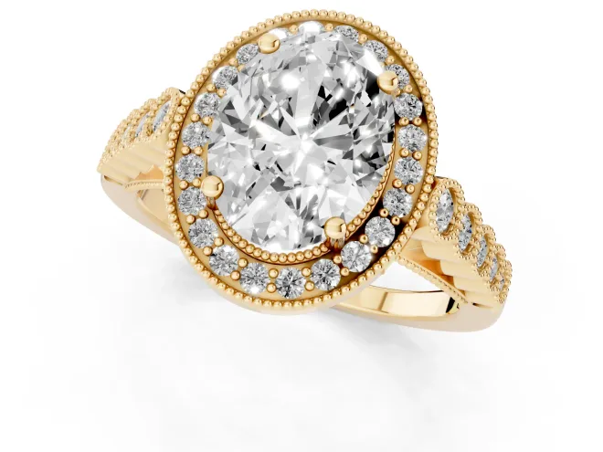 Oval Cut Diamond Milgrain Halo Solitaire Ring Set in Yellow gold with Bezel Set Side Stones and Pavé Band – second view