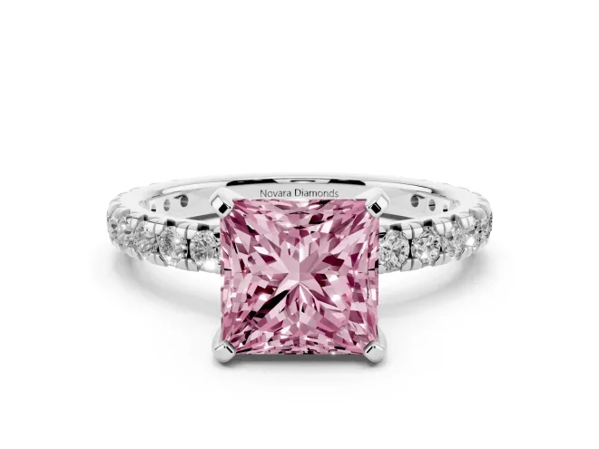 Princess Cut Pavé Solitaire Engagement Ring Setting for a Fancy Pink Lab-Grown Diamond | Shared Prong Band | White Gold