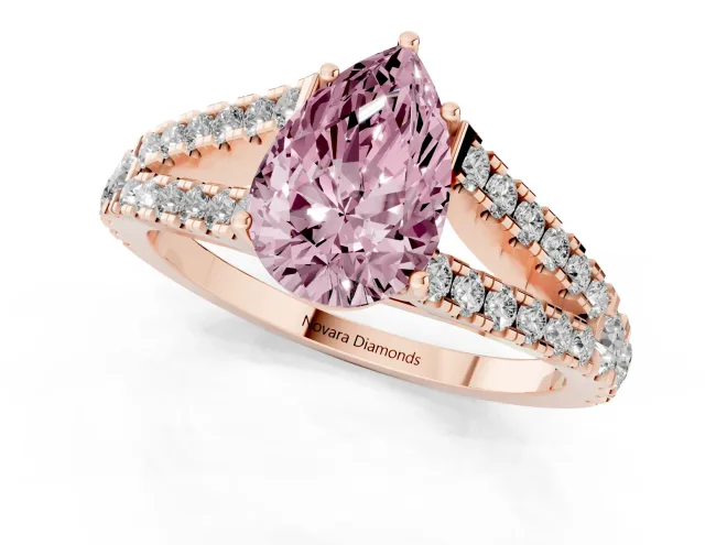 Fancy Pink Pear Cut Diamond Split Shank Pavé Engagement Ring Set in Rose gold with Prong-Held Center Stone – second view