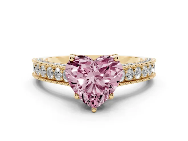 Heart-Shaped Hidden Halo Engagement Ring Setting for a Fancy Pink Lab-Grown Diamond | Milgrain Pavé | Yellow Gold