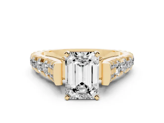 Emerald Cut Graduated Side Stone Cathedral Engagement Ring Setting | Milgrain Gallery | Yellow Gold