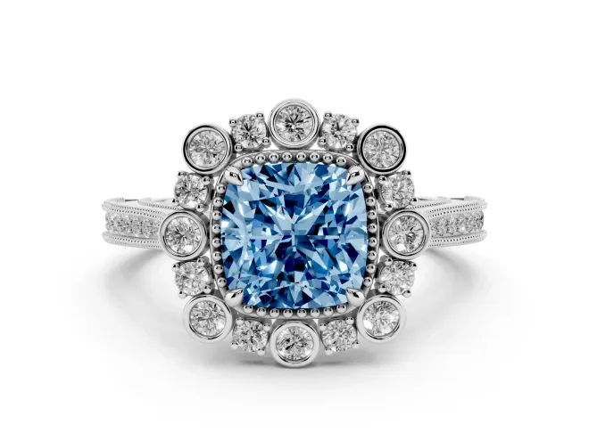 Cushion Cut Scalloped Halo Engagement Ring Setting for a Fancy Blue Lab-Grown Diamond | Milgrain Edges | Sterling Silver