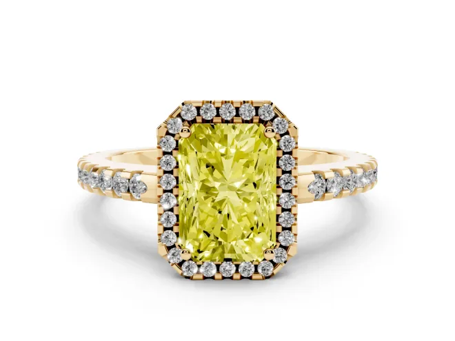 Fancy Yellow Radiant Cut Diamond Halo Ring Set in Yellow gold with Pavé Shoulders and Halo-Framed Center