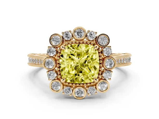 Cushion Cut Scalloped Halo Engagement Ring Setting for a Fancy Yellow Lab-Grown Diamond | Milgrain Edges | Yellow Gold