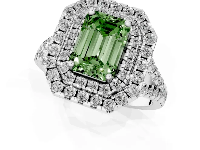 Fancy Green Emerald Cut Diamond Double Halo Ring Set in Silver with Pavé Split Shank and Prong Setting – second view