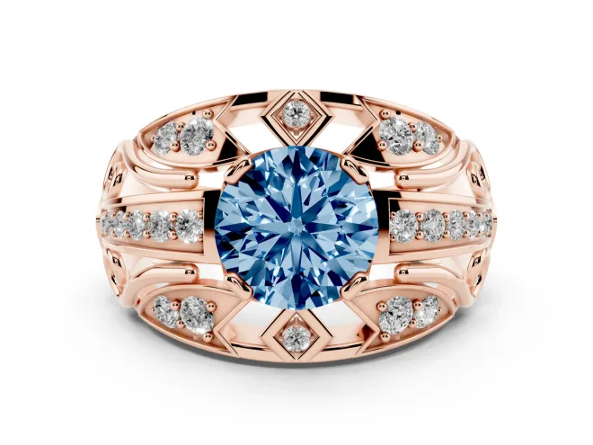 Round Art Deco Graduated Engagement Ring Setting for a Fancy Blue Lab-Grown Diamond | Rose Gold