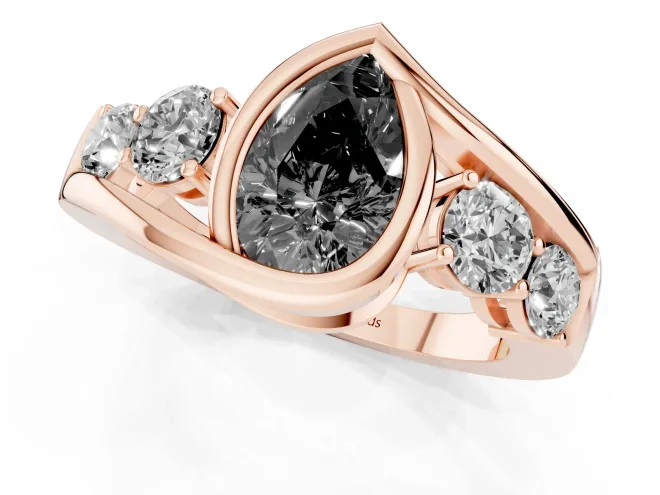 Fancy Black Pear Cut Diamond Bezel Bypass Ring Set in Rose gold with Round Accents – second view