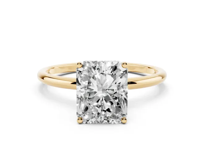 Radiant Cut Diamond Solitaire Engagement Ring Set in Yellow gold with Thin Band and Prong Setting