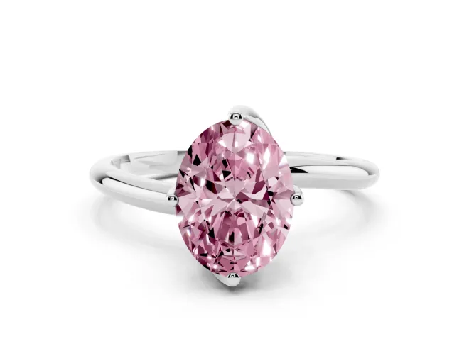 Fancy Pink Oval Cut Diamond Solitaire Engagement Ring Set in Silver with Classic Plain Band