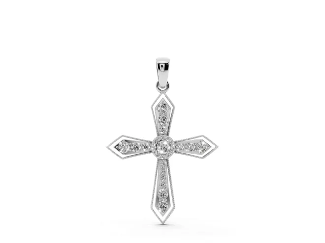 Round Lab-Grown Diamond Vintage Milgrain Cross Pendant Necklace | Pointed Arms | Sterling Silver