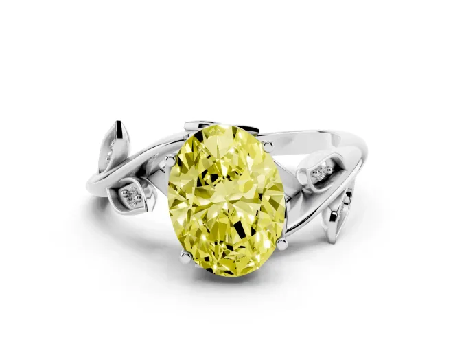 Fancy Yellow Oval Cut Diamond Solitaire Twist Engagement Ring Set in White gold with Pavé Leaf Accents