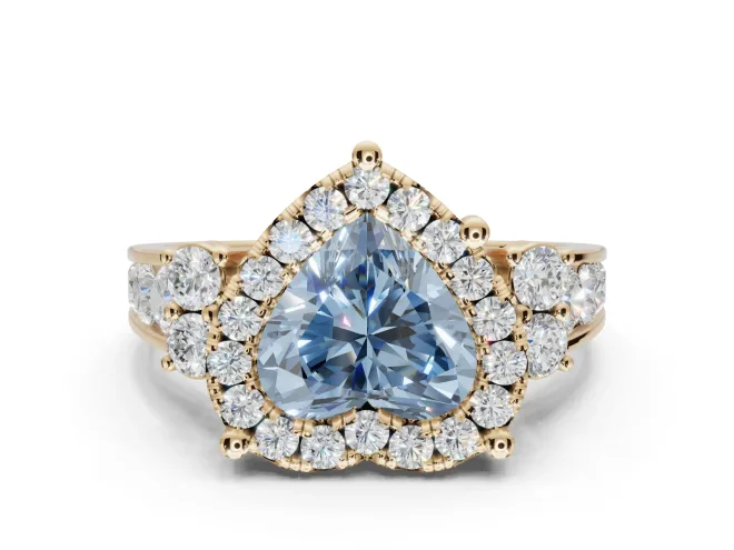 Heart-Shaped Halo Engagement Ring Setting for a Fancy Blue Lab-Grown Diamond | Graduated Channel Band | Yellow Gold