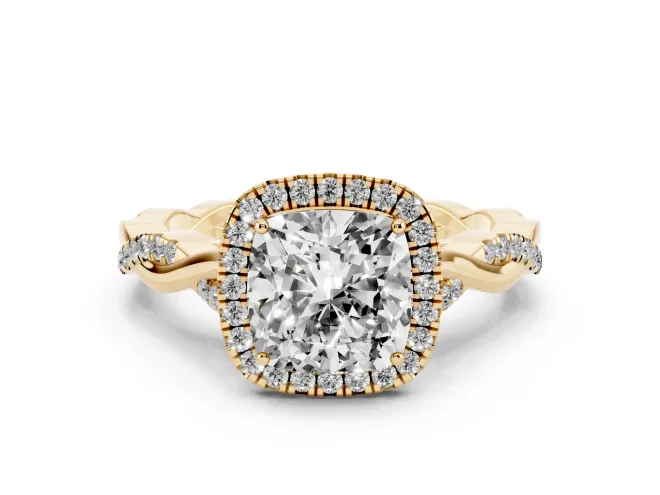 Cushion Cut Halo Engagement Ring Setting | Pavé Twist Band | Yellow Gold
