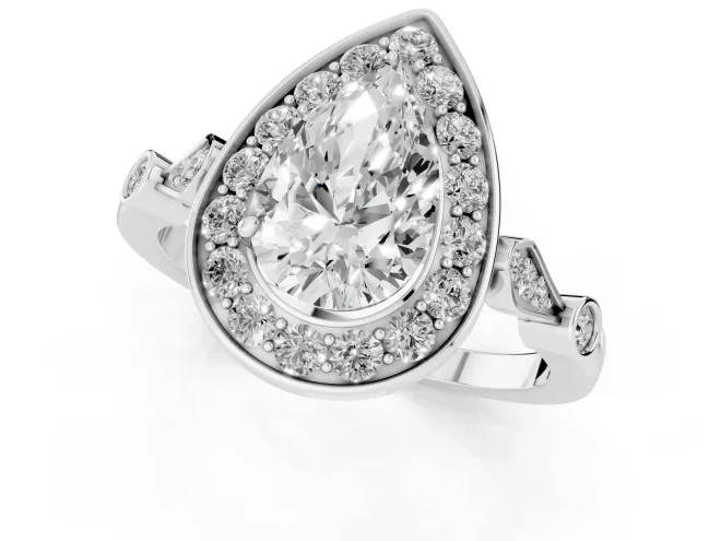 Pear Cut Diamond Halo Engagement Ring Set in White gold with Twisted Band and Prong Setting – second view