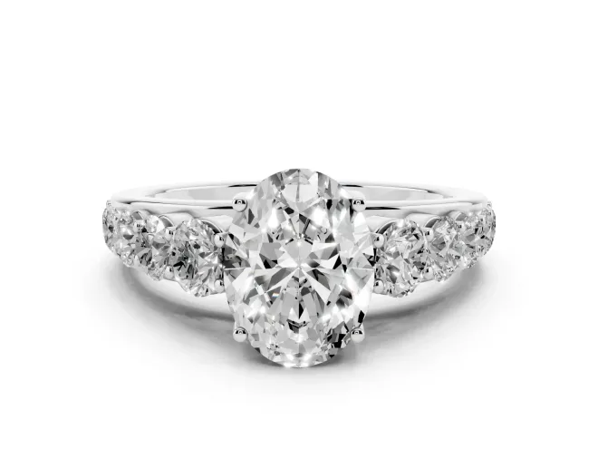Oval Cut Diamond Solitaire Ring Set in Silver with Pavé-Set Band and Prong Setting