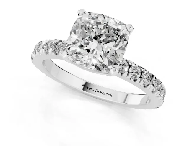 Cushion Cut Diamond Pavé Band Solitaire Set in White gold with Prong Setting – second view