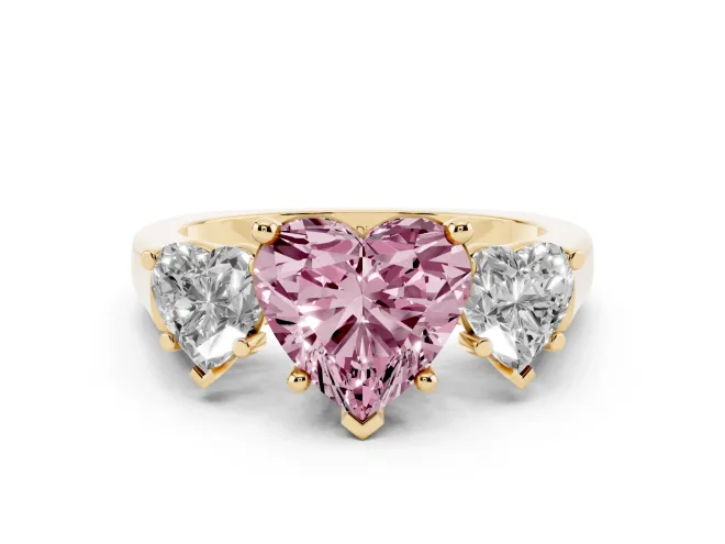 Fancy Pink Heart Cut Diamond Three-Stone Trellis Ring Set in Yellow gold with Comfort Fit Band