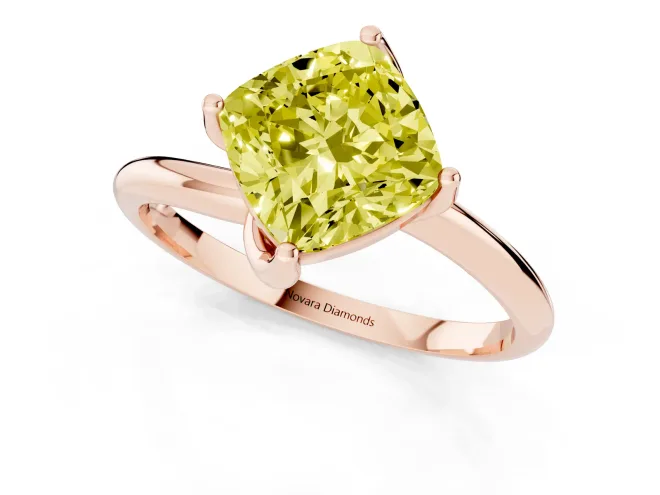 Fancy Yellow Cushion Cut Diamond Solitaire Engagement Ring Set in Rose gold with Classic Plain Band – second view