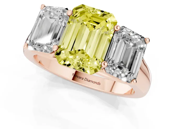 Fancy Yellow Emerald Cut Diamond Three-Stone Ring Set in Rose gold with Plain Polished Band – second view