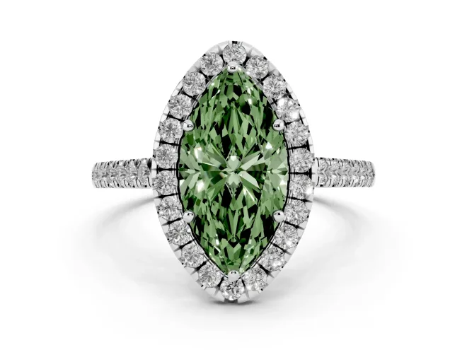 Fancy Green Marquise Cut Diamond Halo Pavé Engagement Ring Set in Platinum with Prong Setting