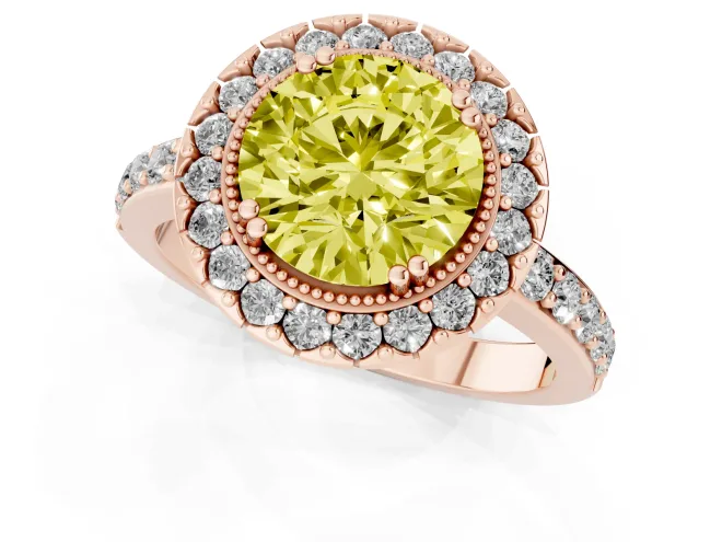Fancy Yellow Round Cut Diamond Halo Ring Set in Rose gold with Pavé Shank and Prong Setting – second view