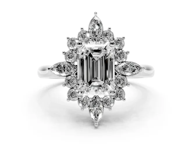 Emerald Cut Diamond Cluster Halo Ring Set in Platinum with Marquise and Round Accents