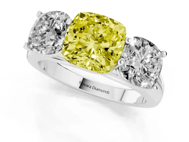 Fancy Yellow Cushion Cut Diamond Three-Stone Ring Set in White gold with Plain Polished Band – second view