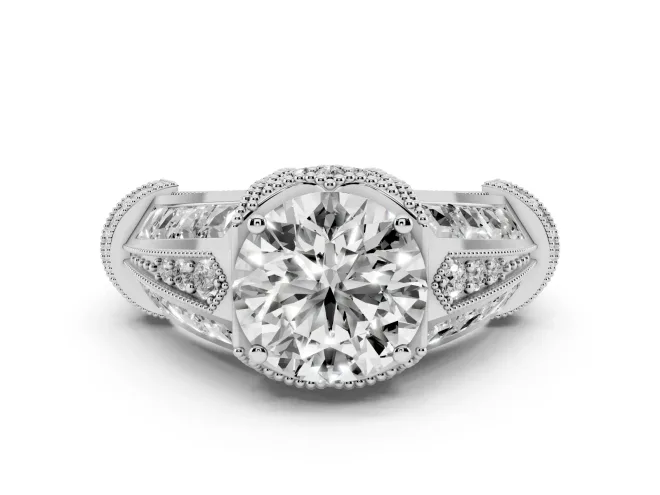 Round Cut Diamond Vintage-Inspired Milgrain Ring Set in White gold with Accent Split Shank