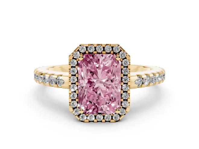 Fancy Pink Radiant Cut Diamond Halo Ring Set in Yellow gold with Pavé Shoulders and Halo-Framed Center