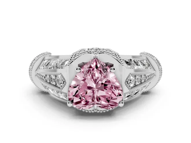Fancy Pink Heart Cut Diamond Vintage-Inspired Milgrain Ring Set in White gold with Accent Split Shank