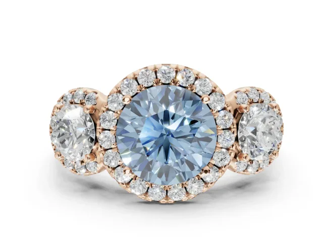 Round Three Stone Halo Engagement Ring Setting for a Fancy Blue Lab-Grown Diamond | Rose Gold