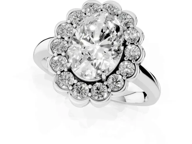 Oval Cut Diamond Halo Cluster Engagement Ring Set in Silver with Solitaire Band and Prong Setting – second view