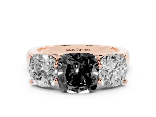 Fancy Black Cushion Cut Diamond Three-Stone Ring Set in Rose gold with Plain Polished Band