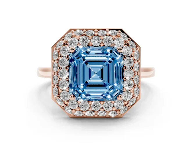 Asscher Cut Pavé Halo Engagement Ring Setting for a Fancy Blue Lab-Grown Diamond | Slim Plain Band | Rose Gold