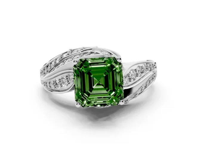 Fancy Green Asscher Cut Diamond Solitaire Ring Set in Silver with Layered Twist Pavé Band
