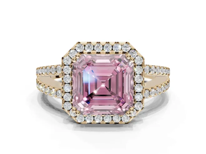 Asscher Cut Halo Split Shank Engagement Ring Setting for a Fancy Pink Lab-Grown Diamond | Pavé Shoulders | Yellow Gold