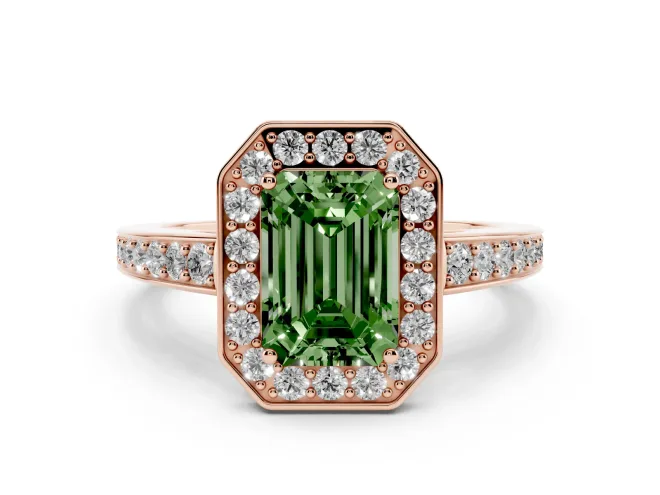 Emerald Cut Framed Halo Engagement Ring Setting for a Fancy Green Lab-Grown Diamond | Rose Gold