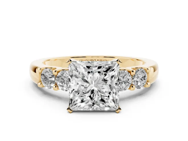 Princess Cut Diamond Five-Stone Prong Set Engagement Ring Set in Yellow gold with Channel Band