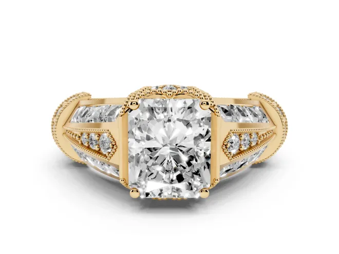 Radiant Cut Diamond Vintage-Inspired Milgrain Ring Set in Yellow gold with Accent Split Shank
