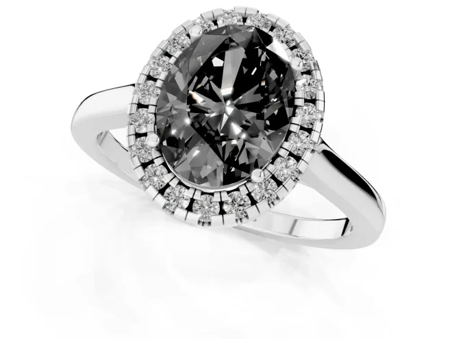 Fancy Black Oval Cut Halo Round Diamond Solitaire Ring Set in White gold with Pavé Band and Prong Setting – second view